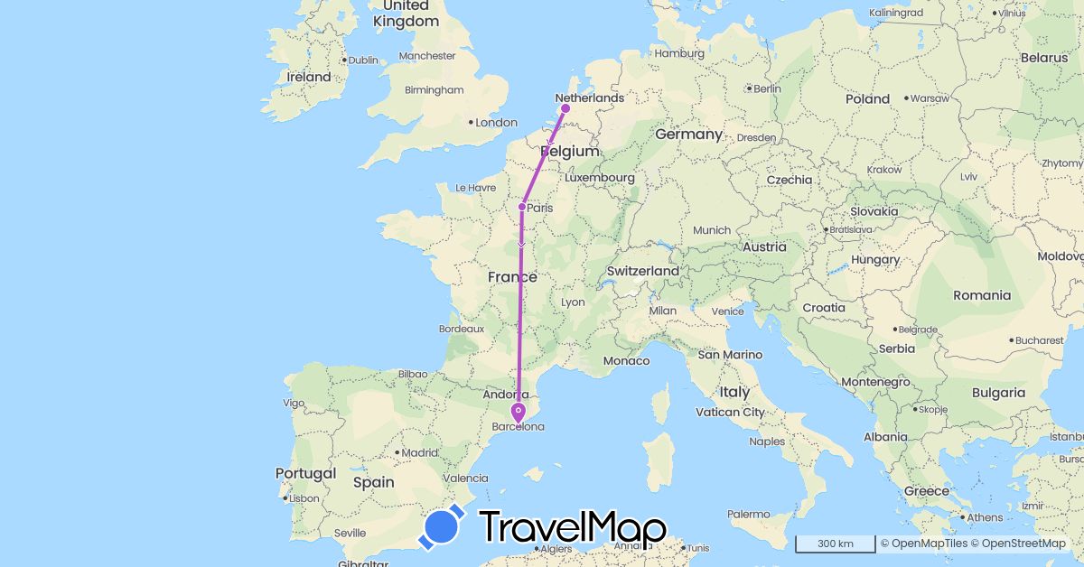 TravelMap itinerary: driving, train in Spain, France, Netherlands (Europe)